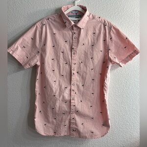 Denim & Flower Pink Flamingo Casual Short Sleeve Button Down Shirt Men Size M